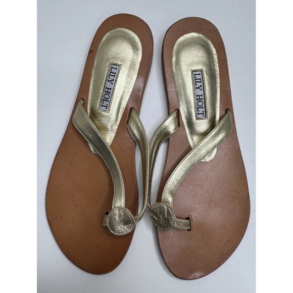 Lily Holt Women's Gold Flip Flop Sandals Size 37 EU 7 US - Picture 3 of 9
